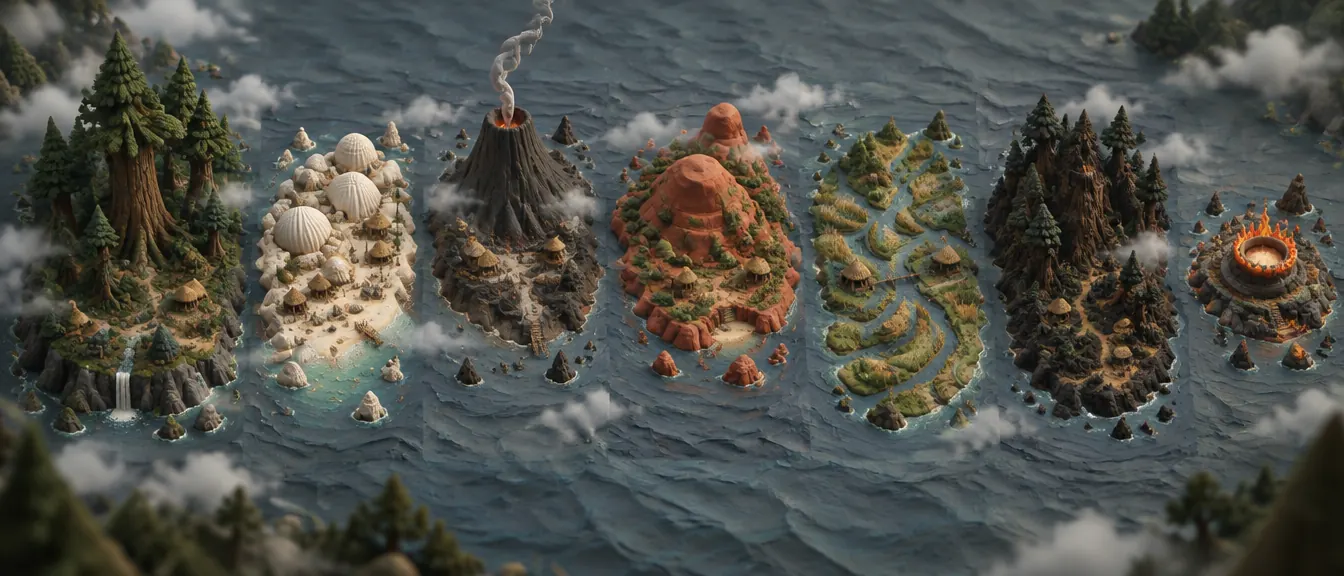 Diorama tujuh pulau Cedar Isles dari atas: hutan cedar, pantai kerang, gunung abu, bukit oker, delta sungai, hutan kulit kayu, dan pulau tembikar api